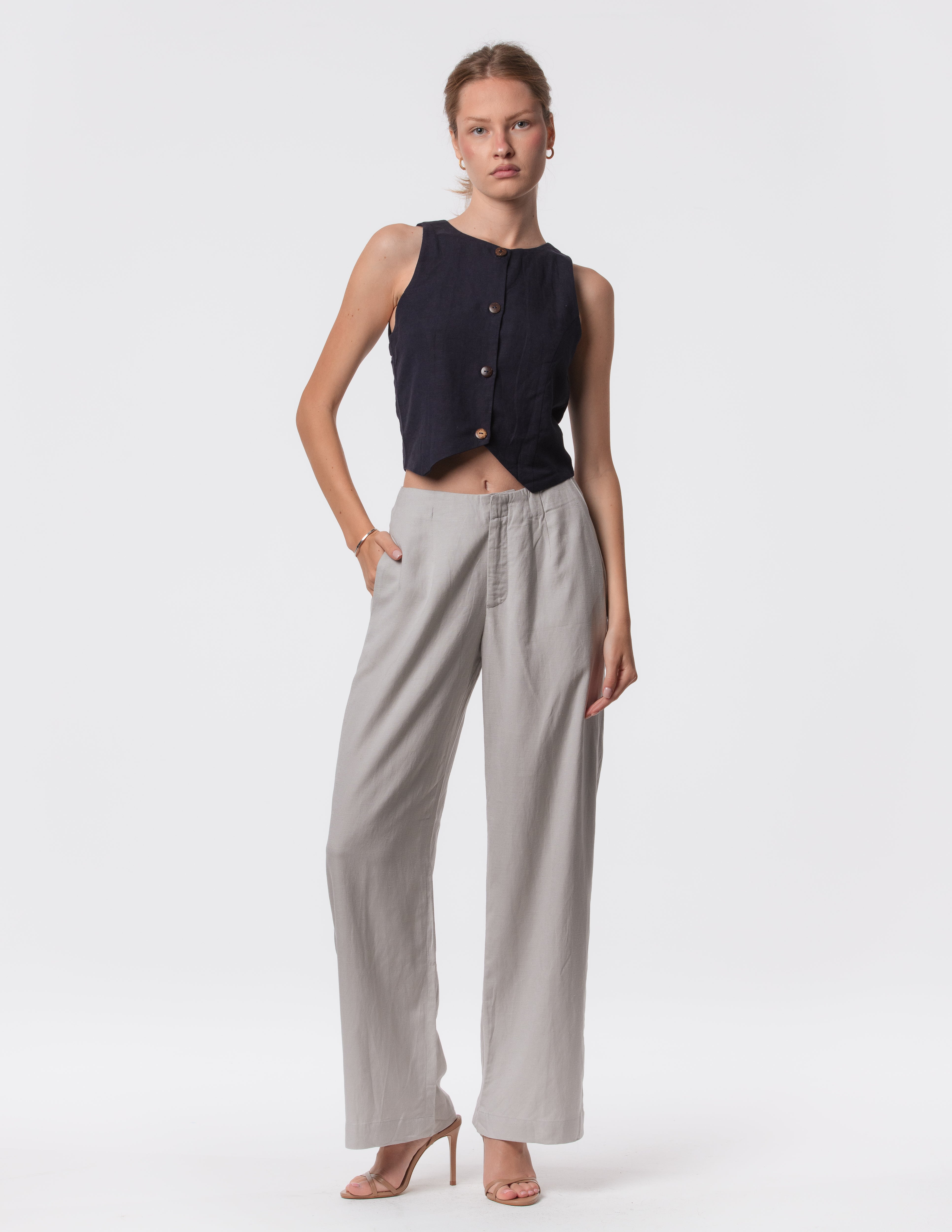 Linen Blend Button Front Vest | Minimal Waist-Length Vest