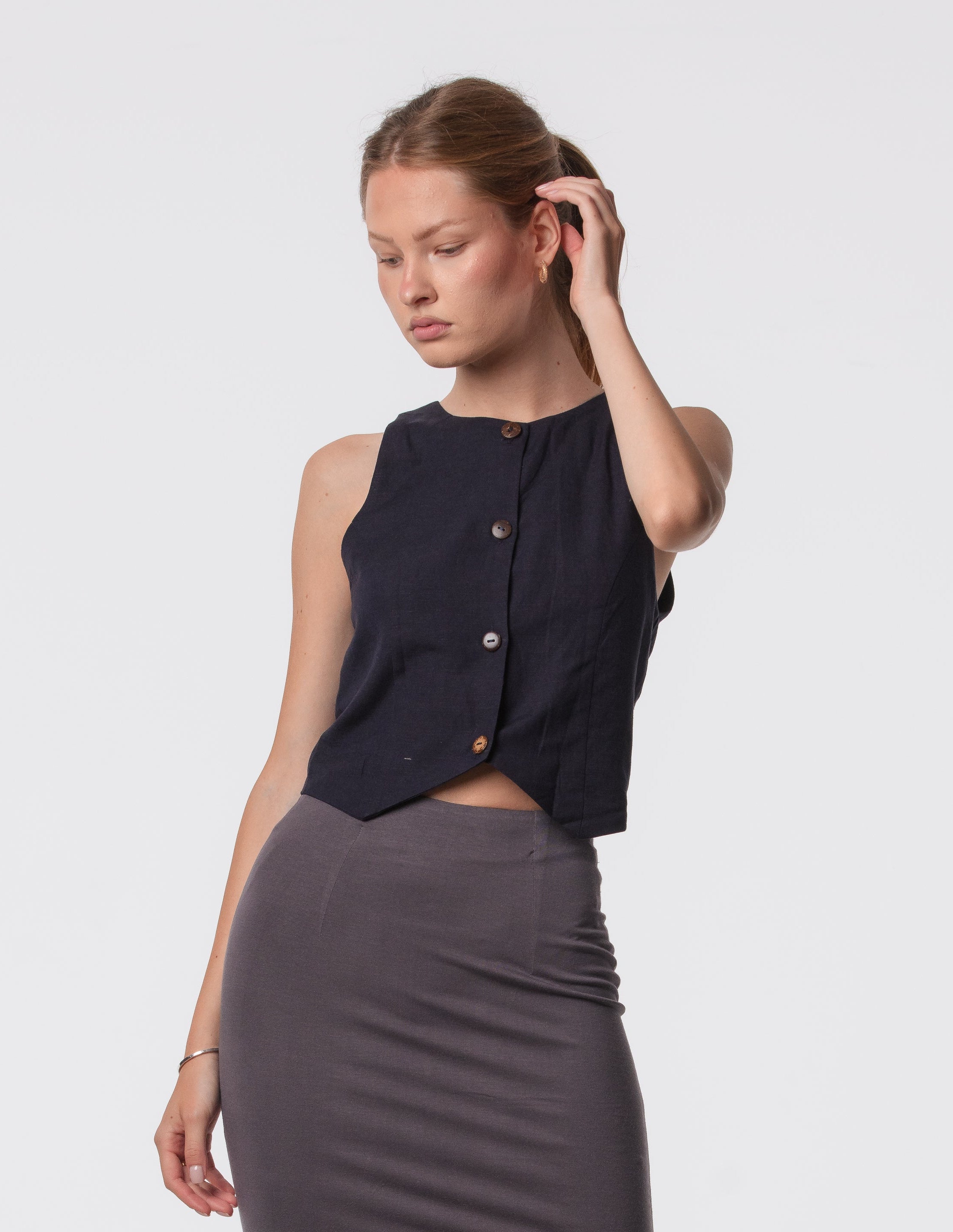 Linen Blend Button Front Vest | Minimal Waist-Length Vest