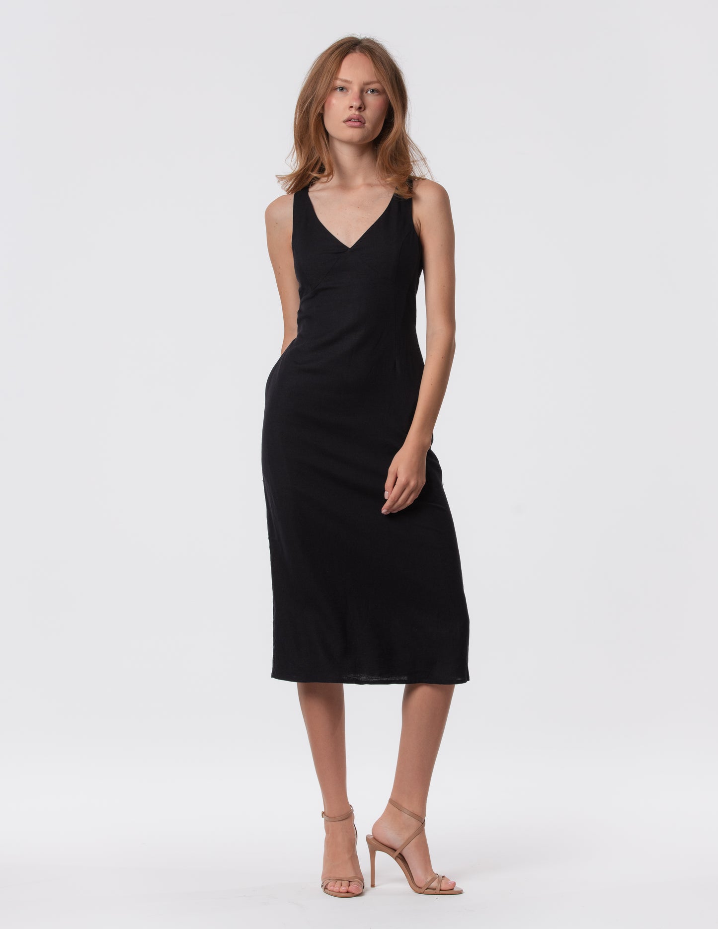 The Everyday V-Neck Linen Blend Midi Dress