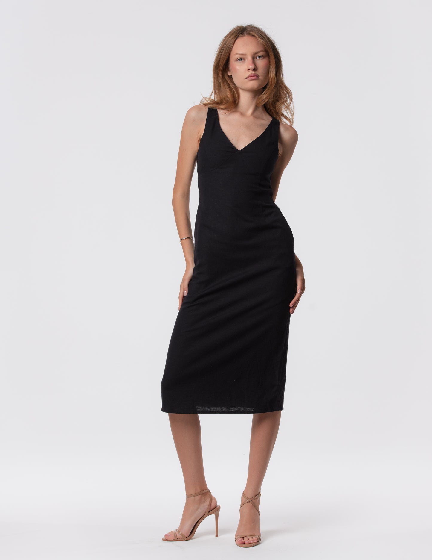 The Everyday V-Neck Linen Blend Midi Dress
