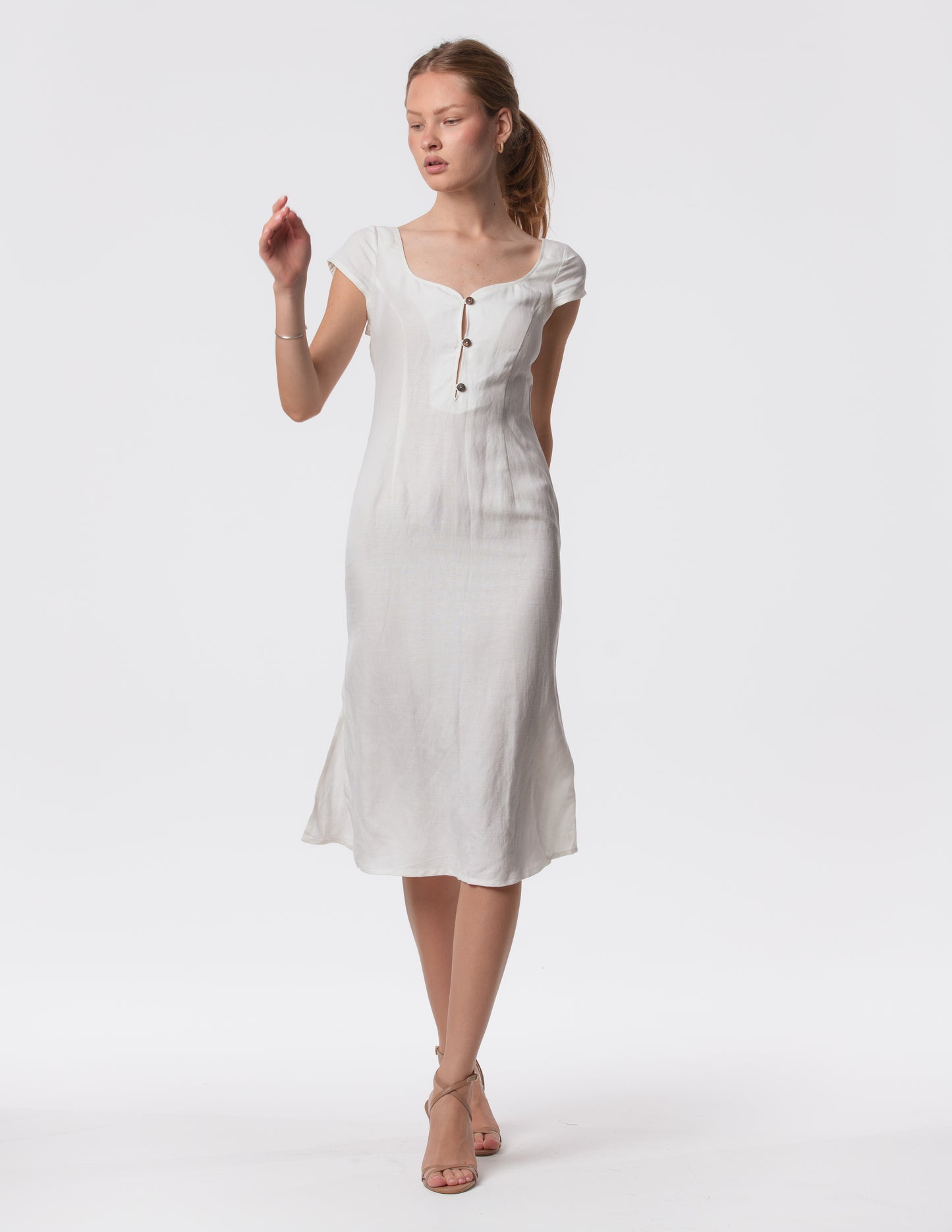 Minimalist linen midi dress sweetheart neckline