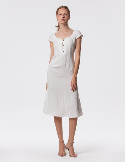 Elegant elevated look. Linen midi dress sweetheart neckline front view white