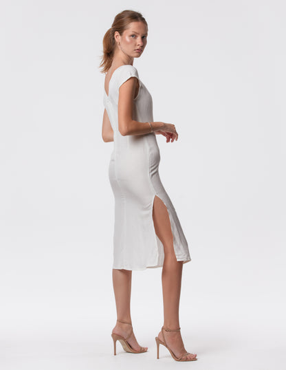 Summer dress Linen midi dress sweetheart neckline side slit side view white