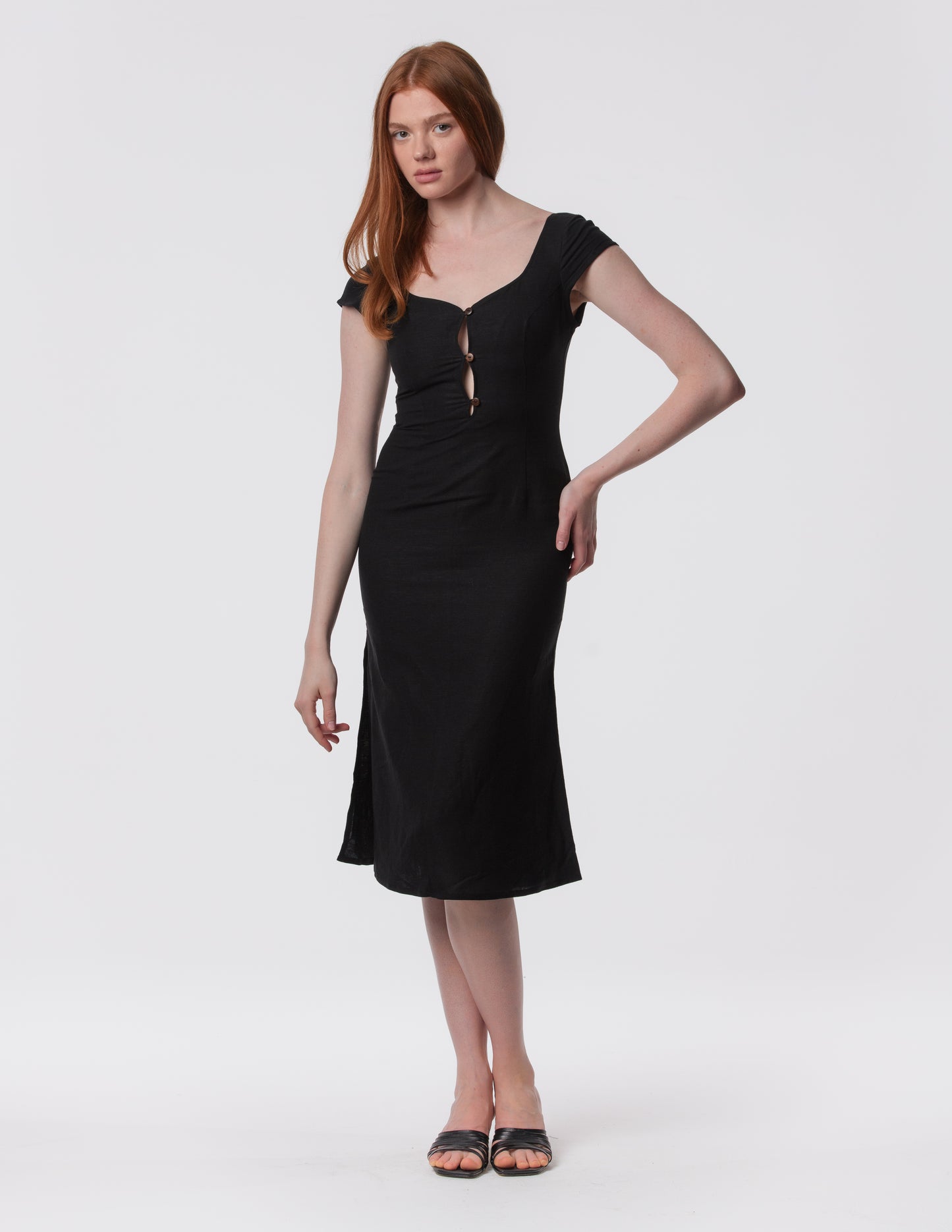 Black linen midi dress side slit detail with front buttons