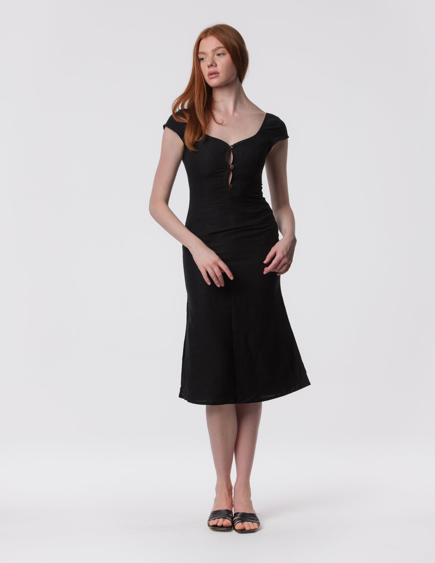 Elegant Model look. Linen midi dress sweetheart neckline front view black