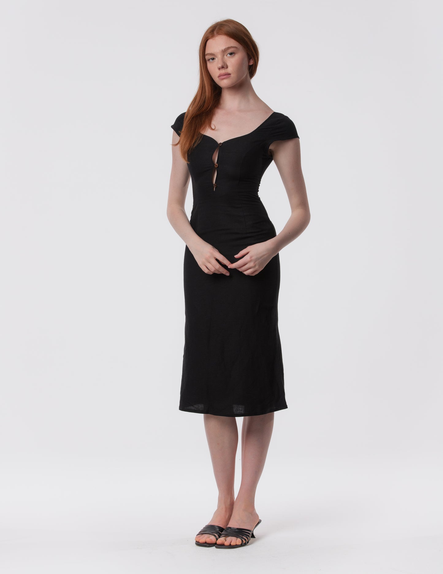 Linen midi dress sweetheart neckline front view black
