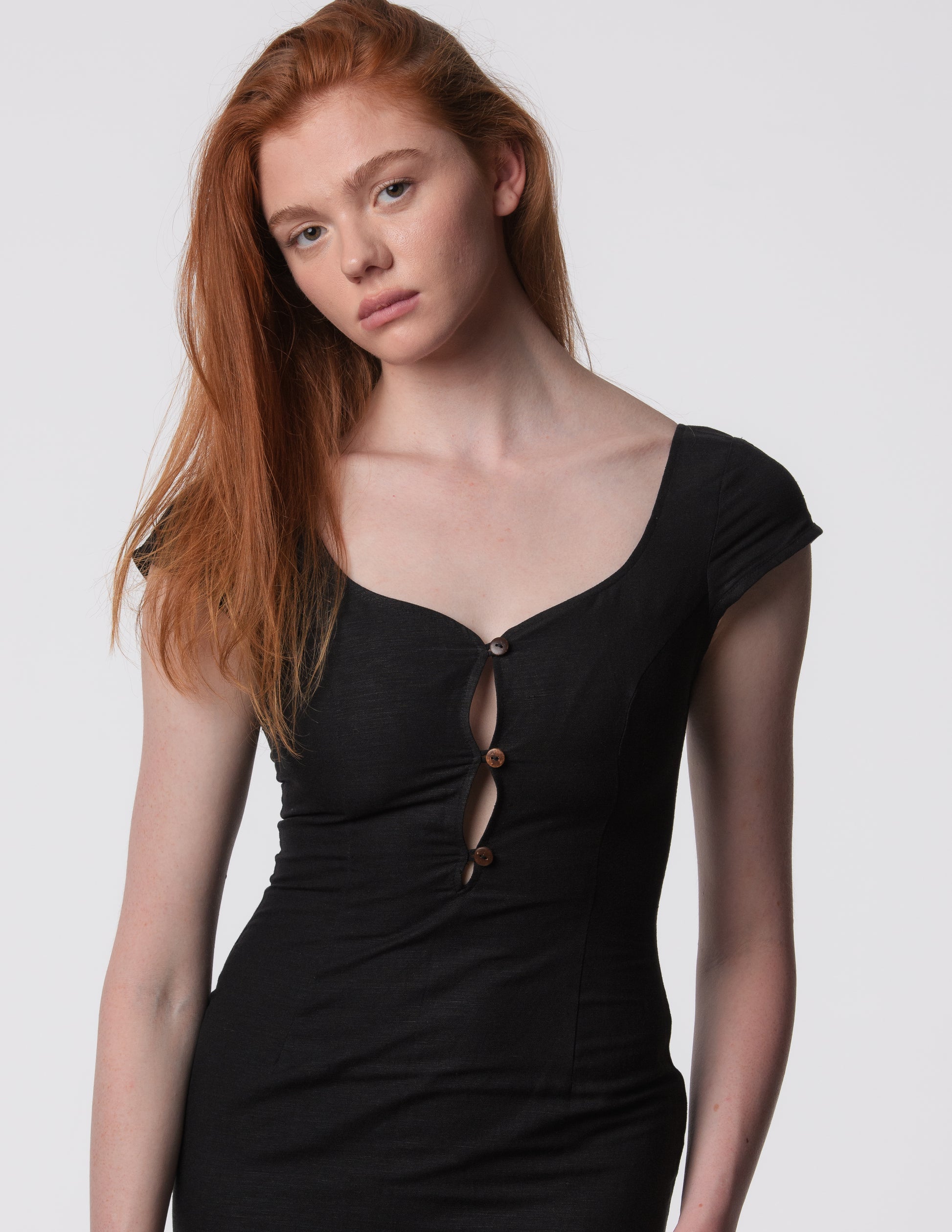 Linen midi dress sweetheart neckline front view black with front button details