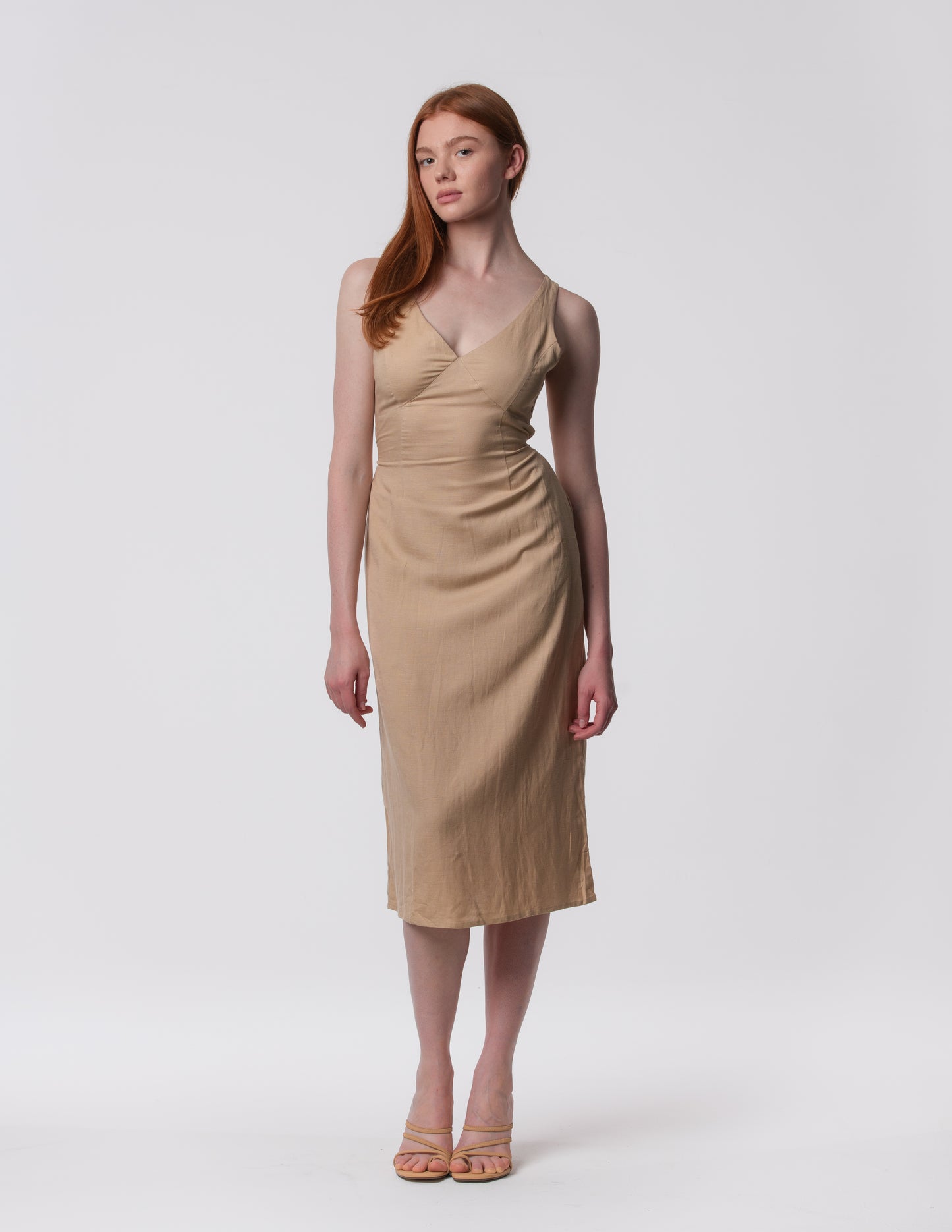The Everyday Midi Dress in beige by Artemizelle, front view