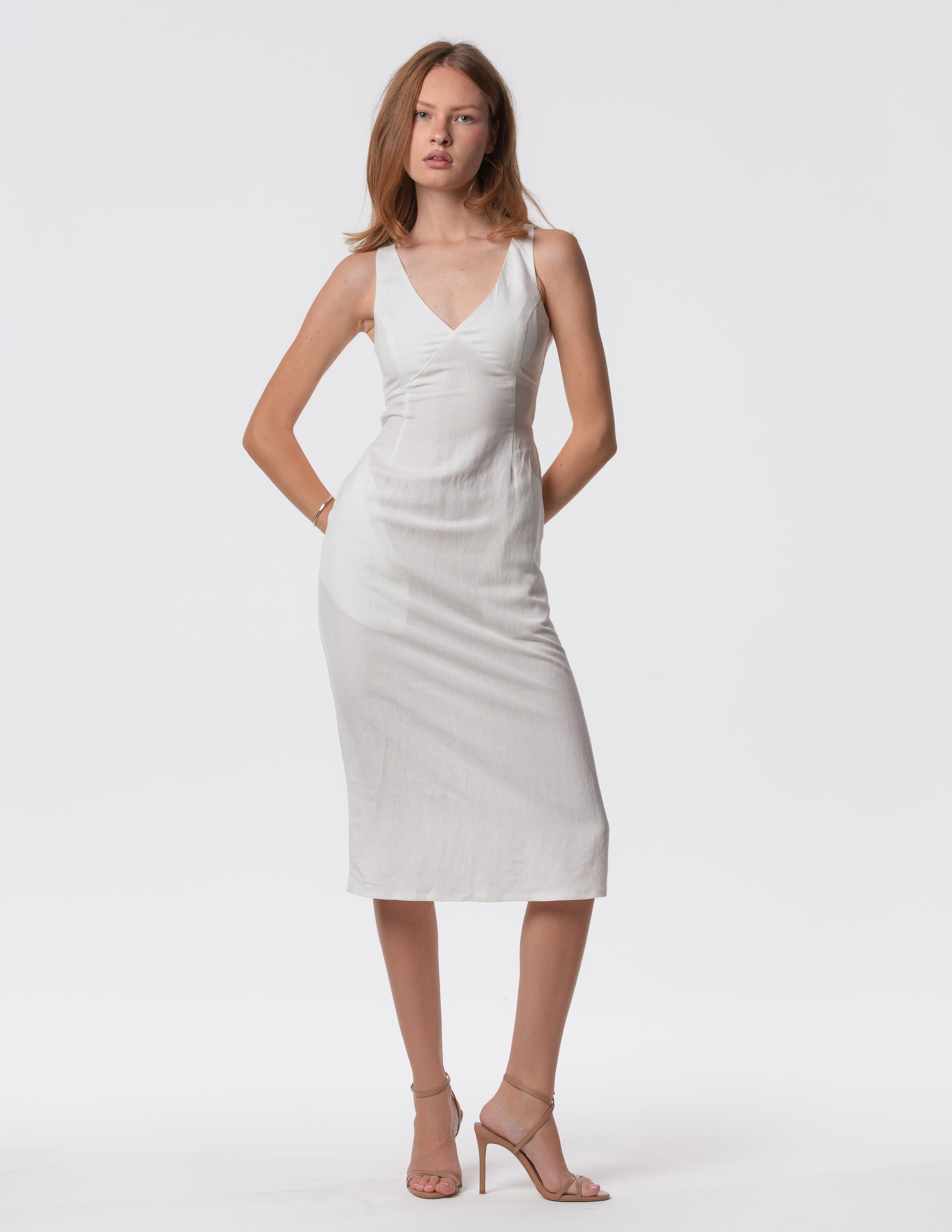 The Everyday Midi Dress in white by Artemizelle, front view