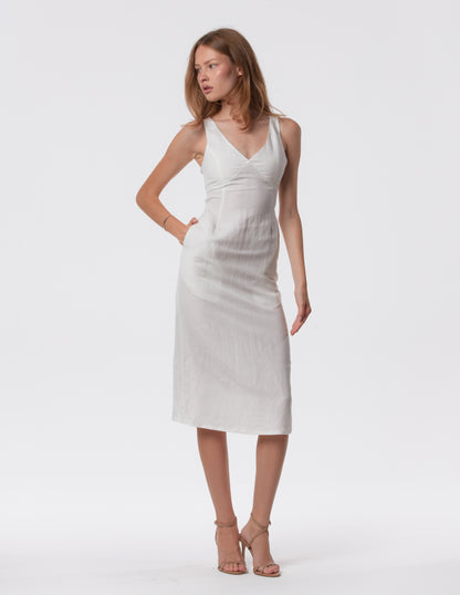 The Everyday Midi Dress in white by Artemizelle, side pocket view