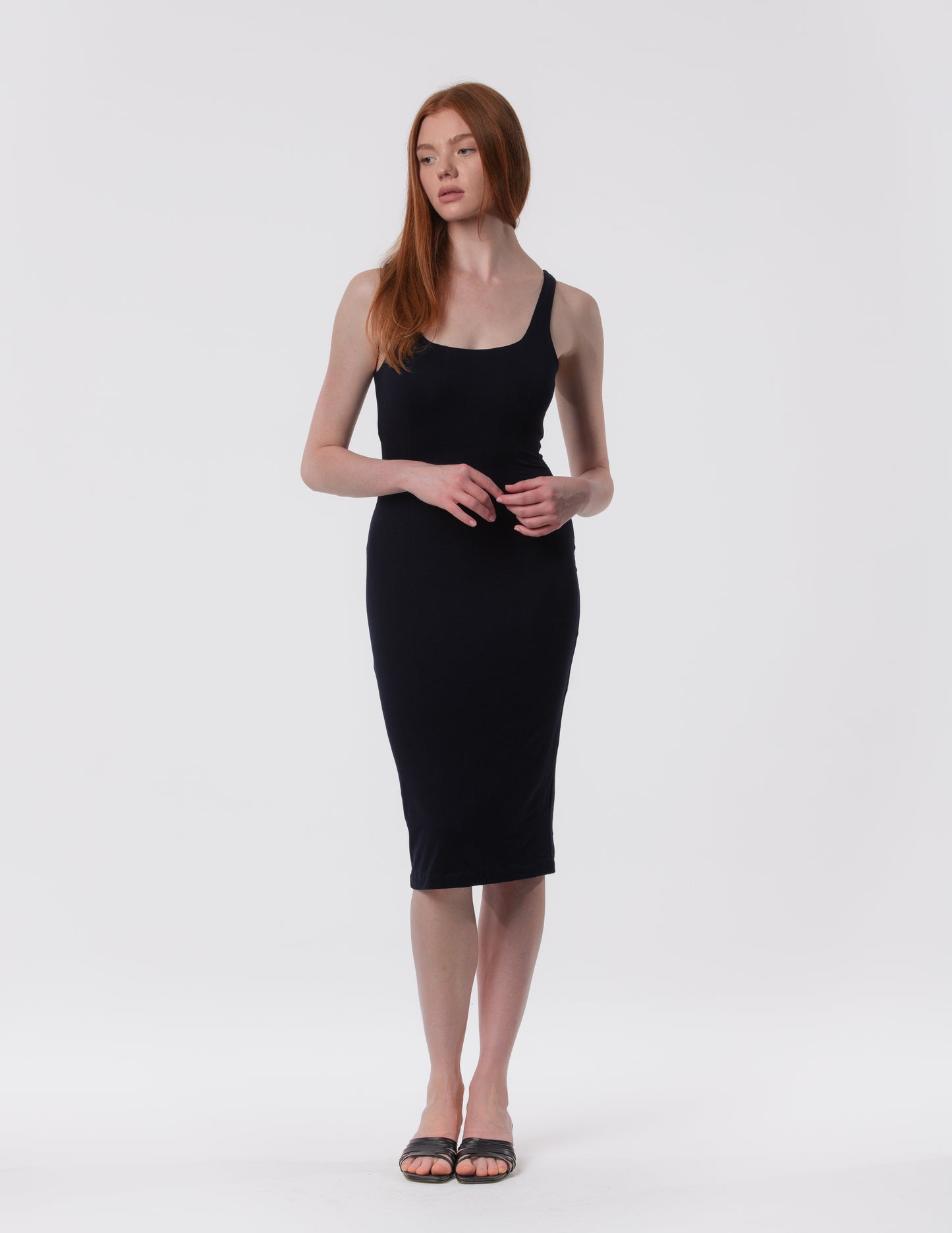 The Palermo Square Neck Midi Dress in black by Artemizelle, front view